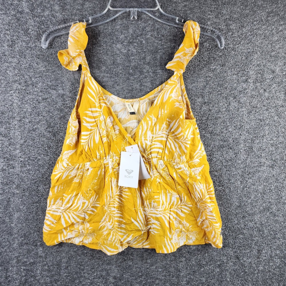 Roxy Tank Top Womens XS Floating By Yellow Tropical Leaf Ruffle ARJWT03198 NEW